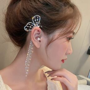 Wiwpar Butterfly Rhinestone Ear Cuffs Right No Piercing Ear Clip Dainty Beads Tassel Chain Ear Clip Asymmetry Silver Chain Drop Dangle Earrings Single for Women Girls Weeding Jewelry