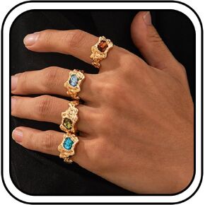7 PCS Chunky Gold Rings Set for Women Stacking Knuckle Rings Unique Statement Ring Crystal Rhinestone Thick Ring Sets Non Tarnish Signet Ring Geometric Wrap Finger Ring Fashion Jewelry