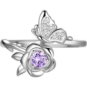 Jewmon Butterfly Rose Birthstone Ring for Women 925 Sterling Silver Butterfly Birth Stone Ring Birhstone Rose Ring Flower Elegant Promise Band Ring Butterfly Birthstone Jewelry Gifts for Her
