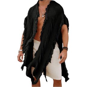 Verdusa Men's Open Front Fringe Loose Cardigan Cape Knit Shawl Wrap