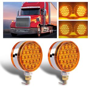 2x Round Double Face Fender Turn Signal Lights 48 LEDs Single Stud Led Stop Marker Running Lights Pedestal Reflective Lamps Compatible with Kenworth/Peterbilt/Freightliner IP67 Amber/Red Lens