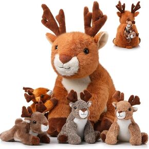 Poen Christmas Surprise Gifts Deer Stuffed Animal Set 16 Inch Mommy Deer Plush with 4 Cute Little Deers in Her Zippered Tummy Soft Cuddly Elk Plush for Boys Girls Birthday Gifts Woodland Party Decors