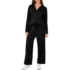 Glamaker Lounge Travel 2 Piece Sets Women Casual Airport Fall Outfit V Neck Long Sleeve Tracksuit Wide Leg Sweatsuit