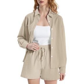 2 Piece Cotton Linen Outfits for Women Lounge Sets Pajama Sets Long Sleeve Shirts with Shorts Summer Tracksuit