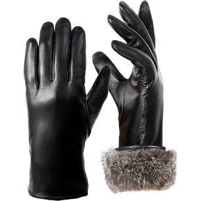 Extra-warm Fur Lined Leather Gloves Women Rabbit Fur Lining Touchscreen Driving Genuine Leather Gloves