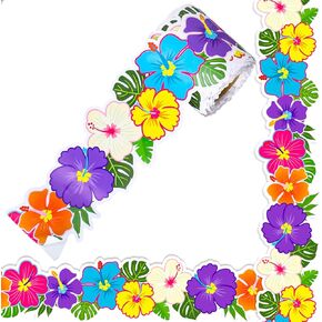 66Ft Summer Tropical Hawaiian Bulletin Board Border Self Adhesive Palm Leaves Flowers Die-Cut Rolled Border Trim Stickers for Classroom Office Home Party