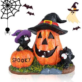 Halloween Jack O Lanterns, IEMIEBSHA Resin Pumpkin and Black Cat with Cute Grimace, Halloween Pumpkin Figurine Decoration Indoor Outdoor, Ghost Night Light for Table or Party