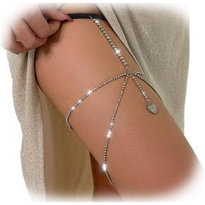 Rhinestsone Heart Leg Thigh Chain Jewelry Summer Beach Bikini Butterfly Leg Chain Adjustable Elastic Crystal Thigh Body Chain Jewelry for Women