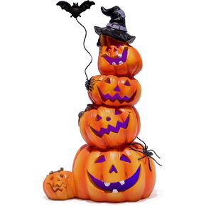 Hodao Halloween Pumpkin Decoration Handmade Pumpkin Figurines for Halloween Decor Thanksgiving Tabletop Pumpkin Decor Halloween Pumpkin with Iron Bat Decoration Indoor Porch Decor (Orange-2)