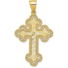 Avariah Solid 14k Yellow Gold Budded Greek Key Cross Pendant - 44mm