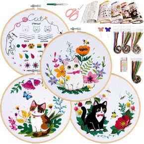 ZWZRAFT Embroidery Kit for Beginners, 4 Sets Embroidery Kit for Beginners Adults, Needle Point Kits Adults Beginner, Hand Embroidery Kit, Embroidery Starter Kit, Cat Embroidery Kit