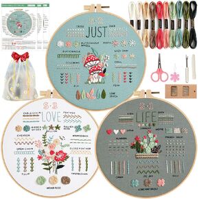 3 Sets Embroidery Starter Kit for Beginners Adults and Kids, Hand Embroidery Kits with Stamped Patterns, Floral Embroidery Stitches Kit DIY Craft Includes Hoop, Threads, Cloth, Storage Bag