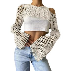 VAOYIU Women's Knit Crochet Crop Tops Long Sleeve Beach Cover Ups Hollow Out Off-Shoulder Y2K Pullover Sweater T-Shirt