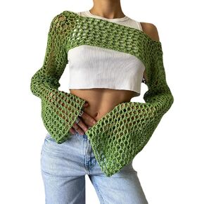 VAOYIU Women's Knit Crochet Crop Tops Long Sleeve Beach Cover Ups Hollow Out Off-Shoulder Y2K Pullover Sweater T-Shirt