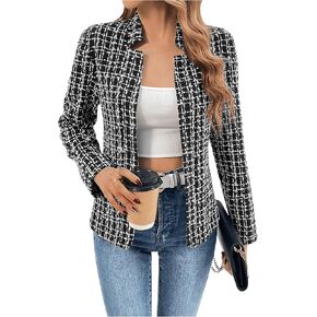 GORGLITTER Women's Plaid Open Front Blazer Coat Notched Collar Long Sleeve Jacket