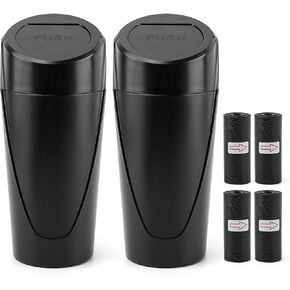 EMVANV Car Trash Can Bin with Lid, 2 pcs Car Trash Can, Black Mini Leakproof Vehicle Trash Garbage Can Bin with 4rolls x Garbage Bag, Car Organizers and Storage for Front Back Seat(Black,Size:2pcs)