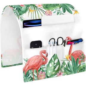 Sofa Armrest Organizer Bedside Caddy, Tropical Non Slip Couch Remote Control Holder for Recliner, Green Palm Leaves Pink Flamingo Flowers Arm Chair Caddy with Pocket for Phone, 13''x35''