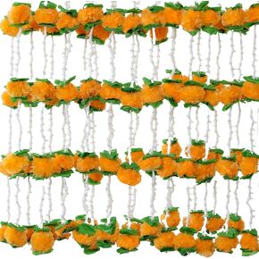 THE ART BOX 5.2Ft Artificial Flowers Marigold Garlands with Green Leaves Silk Vines for Wedding Diwali Christmas Halloween Decorations Floral Arch Party Garden Home Decor (5 Pcs)