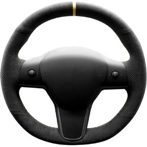 Hand Stitch Sewing Italy Alcantara Car Steering Wheel Cover Wrap for Tesla Model 3/Tesla Model Y (Black Alcantara+No Stripes)