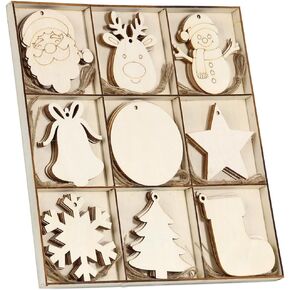Wohohoho 45Pcs Unfinished Paintable Blank Wooden Christmas Ornaments with Tray, 9 Designs DIY Predrilled Wood Ornaments for Crafts. Christmas Tree Hanging Decorations Xmas Art Birthday Gift for Kids