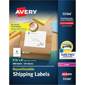 Avery Repositionable Printable Shipping Labels with Sure Feed, 3-1/3" x 4", White, 600 Blank Mailing Labels (58164)