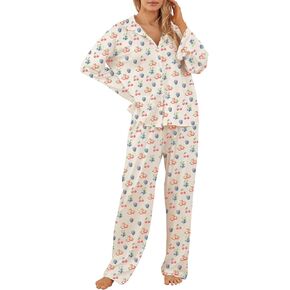 Women 2 Piece Floral Pajamas Fruit Lounge Set Y2k Long Sleeve Shirts Wide Leg Pants Pjs Matching Sets Fall Sleepwear