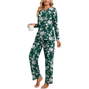 Aodemo Women's Fall 2 Piece Pajama Sets, Long Sleeve Keyhole Lounge Sleepwear Ladies Pjs Sets with Pockets