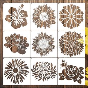 9 Pcs Large Flower Stencils for Painting on Wood Reusable Floral Wall Stencil Flower Hibiscus Plastic Templates for Wood DIY Crafts Canvas (9flower)
