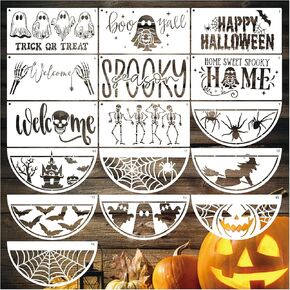 16 Pcs Halloween Stencils for Painting on Wood Reusable Welcome Skeleton Ghost Stencil Bat Spooky Trick or Treat Boo Templates for Doormat Door Hanger Crafts (16 Half Halloween)