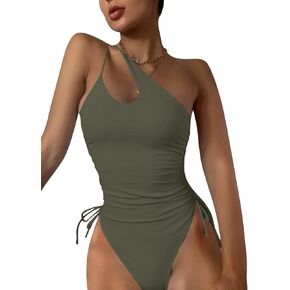 Eomenie Women's One Piece One Shoulder Swimsuit with Drawstring Tummy Control Bathing Suit Sexy High Cut Swim Suits