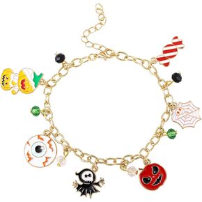 Halloween Horror Charm Bracelet for Women,Pumpkin Spider Ghost Black Cat Pendant Bracelet,Adjustable Alloy Drop Bracelet for Women Halloween Party Costume Accessories Gift