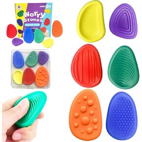 Fidget Toys Sensory Stone Set with Storage Box: 6-Pack Soft Textured Worry Stones for Autism Calming - Quiet Fidget Toys for Classroom & Anxiety Relief - Small Prizes Sensory Fidgets