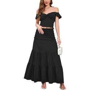 HTZMO Women's Two Piece Skirt Set Off Shoulder Crop Top Casual Flowy Maxi Long Dress for 2024 Summer Beach Outfits