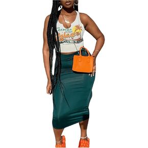 SOLY HUX Women's Summer 2 Piece Outfits Letter Graphic Crop Tank Top and Bodycon Midi Skirt Set