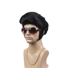 Men's 70's Theme Party Costume Wig, Short Black, with Sunglasses and Gold Necklace for Halloween