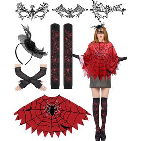 7 Pcs Halloween Spider Web Costume Women Web Dress Poncho Cape Spider Mask Headband Knee Socks Fingerless Gloves