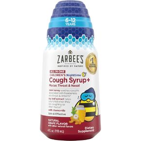 Zarbee's Kids All-in-One Nighttime Cough for Children 6-12 with Dark Honey, Turmeric, B-Vitamins & Zinc, 1 Pediatrician Recommended, Drug & Alcohol-Free, Grape Flavor, 4FL Oz