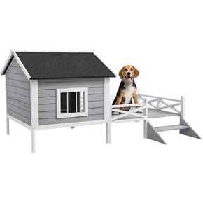 PawHut Large Dog House with Porch for Expansive Size, XL Wooden Elevated Dog Shelter, 67", Natural