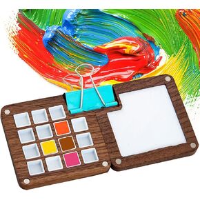 Portable Watercolor Palette, 15-Well Wooden Palette Box with Clip, Portable Sketchbook Palette, Watercolor Paint Palette for Drawing, Travel Paint Case, Gift for Painters Artists (D)