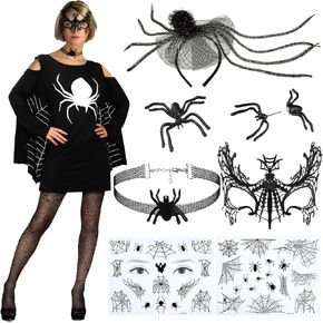 Bonuci 7 Pcs Spider Halloween Costumes for Women Plus Size Black Spider Web Dress Headband Accessories Cosplay Party