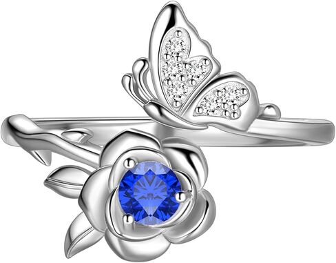 Jewmon Butterfly Rose Birthstone Ring for Women 925 Sterling Silver Butterfly Birth Stone Ring Birhstone Rose Ring Flower Elegant Promise Band Ring Butterfly Birthstone Jewelry Gifts for Her in Kuwait