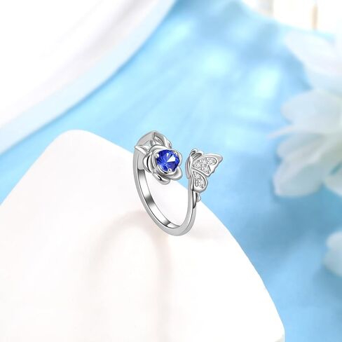 Jewmon Butterfly Rose Birthstone Ring for Women 925 Sterling Silver Butterfly Birth Stone Ring Birhstone Rose Ring Flower Elegant Promise Band Ring Butterfly Birthstone Jewelry Gifts for Her in Kuwait