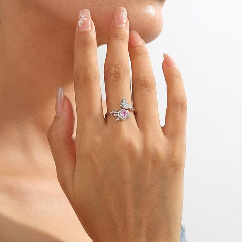 Jewmon Butterfly Rose Birthstone Ring for Women 925 Sterling Silver Butterfly Birth Stone Ring Birhstone Rose Ring Flower Elegant Promise Band Ring Butterfly Birthstone Jewelry Gifts for Her in Kuwait