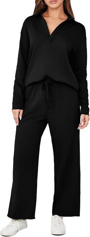 Glamaker Lounge Travel 2 Piece Sets Women Casual Airport Fall Outfit V Neck Long Sleeve Tracksuit Wide Leg Sweatsuit in Kuwait