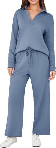 Glamaker Lounge Travel 2 Piece Sets Women Casual Airport Fall Outfit V Neck Long Sleeve Tracksuit Wide Leg Sweatsuit in Kuwait