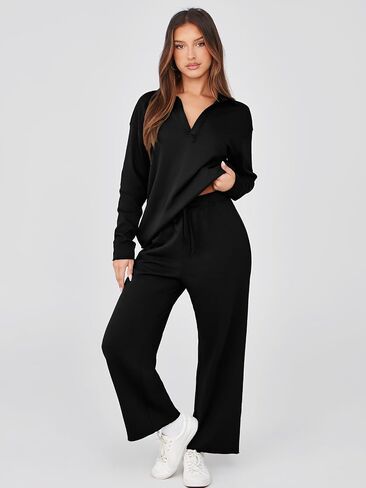 Glamaker Lounge Travel 2 Piece Sets Women Casual Airport Fall Outfit V Neck Long Sleeve Tracksuit Wide Leg Sweatsuit in Kuwait