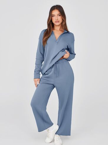 Glamaker Lounge Travel 2 Piece Sets Women Casual Airport Fall Outfit V Neck Long Sleeve Tracksuit Wide Leg Sweatsuit in Kuwait