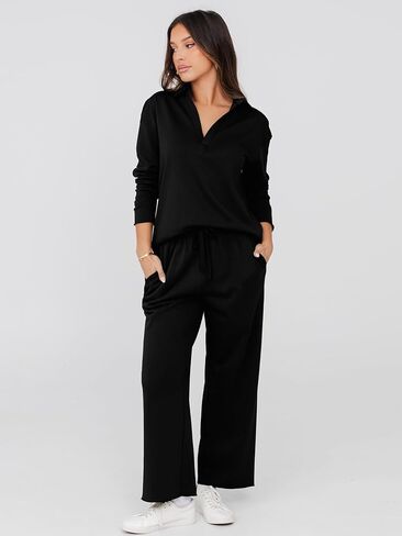 Glamaker Lounge Travel 2 Piece Sets Women Casual Airport Fall Outfit V Neck Long Sleeve Tracksuit Wide Leg Sweatsuit in Kuwait