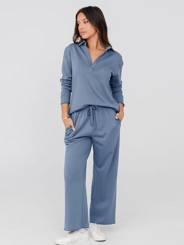Glamaker Lounge Travel 2 Piece Sets Women Casual Airport Fall Outfit V Neck Long Sleeve Tracksuit Wide Leg Sweatsuit in Kuwait