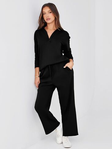 Glamaker Lounge Travel 2 Piece Sets Women Casual Airport Fall Outfit V Neck Long Sleeve Tracksuit Wide Leg Sweatsuit in Kuwait